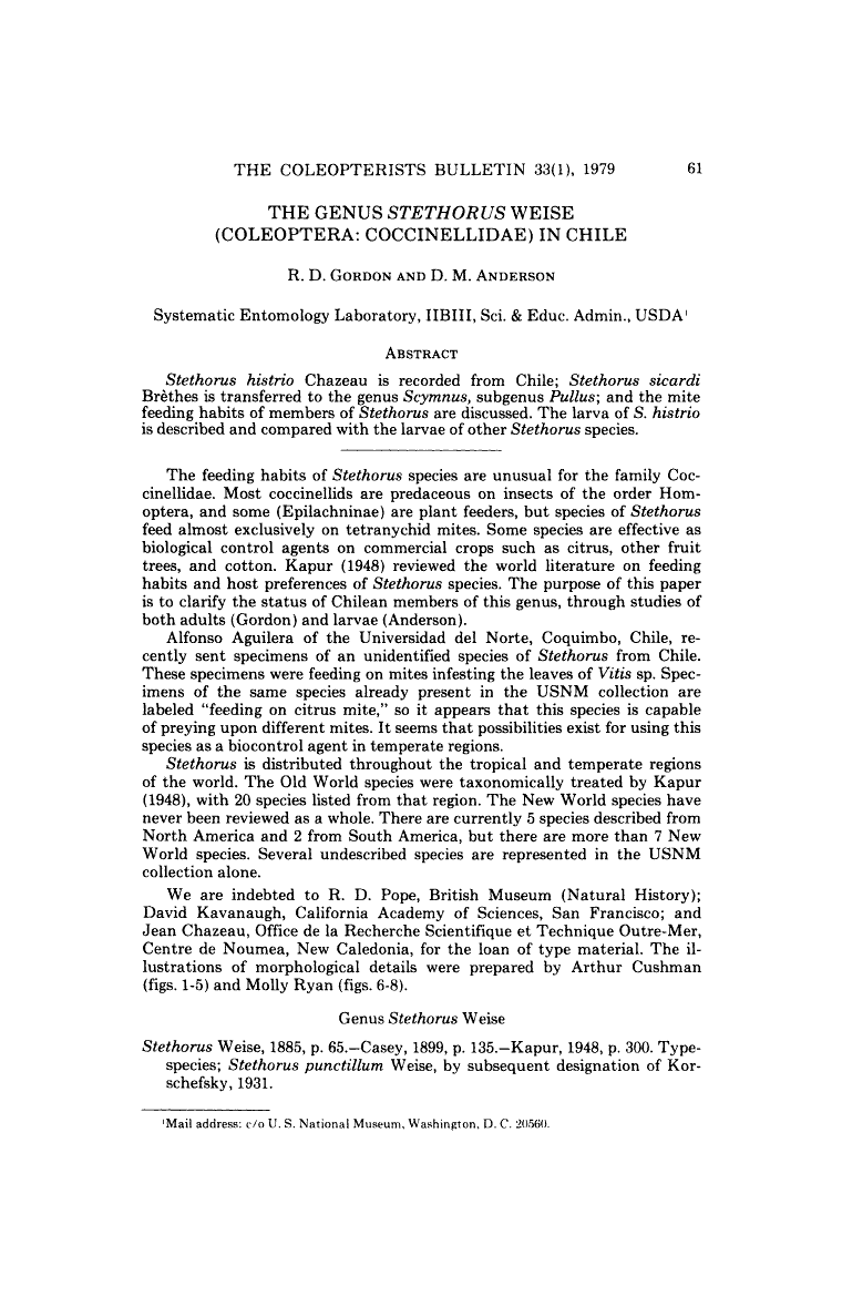 The Genus Stethorus Weise (Coleoptera: Coccinellidae) in Chile
